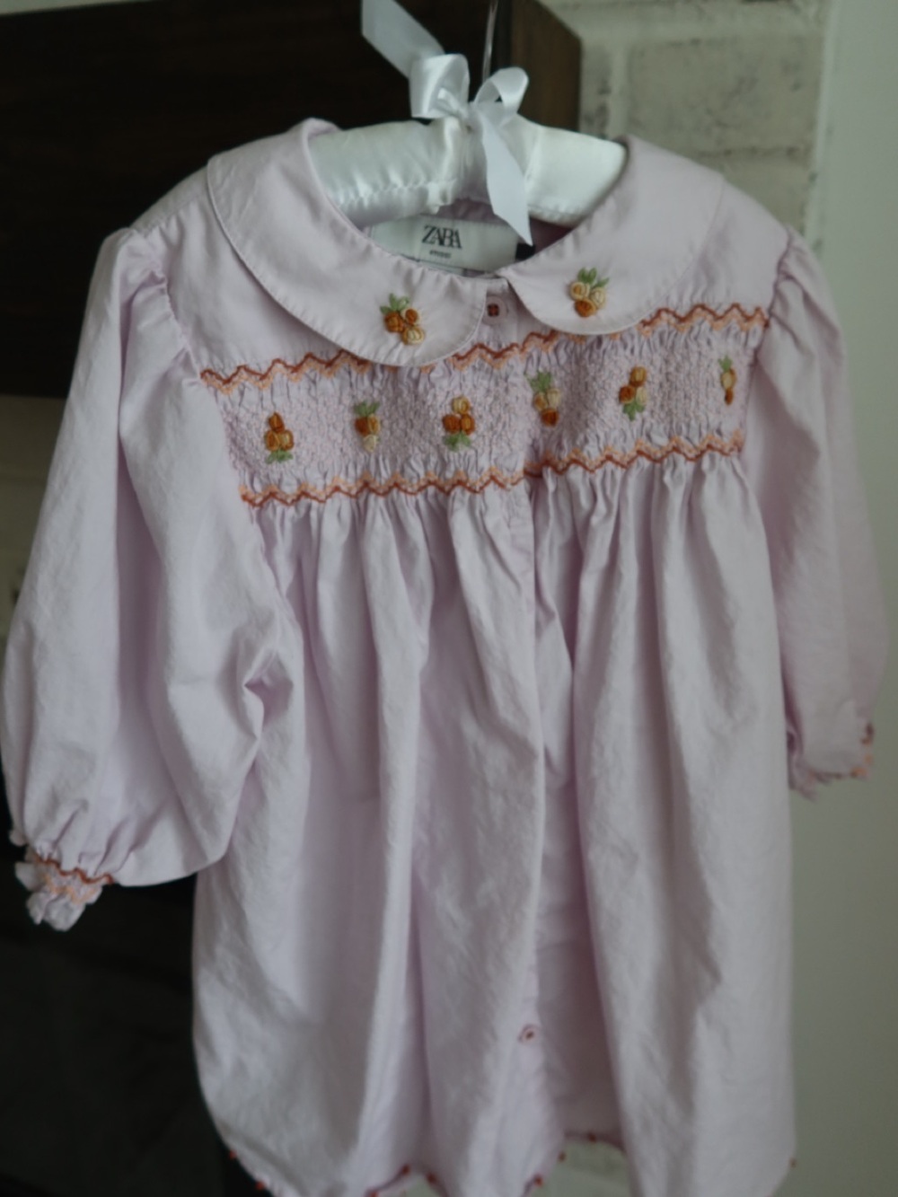 ZARA Light Pink Smocked Floral Peter Pan Collar Top